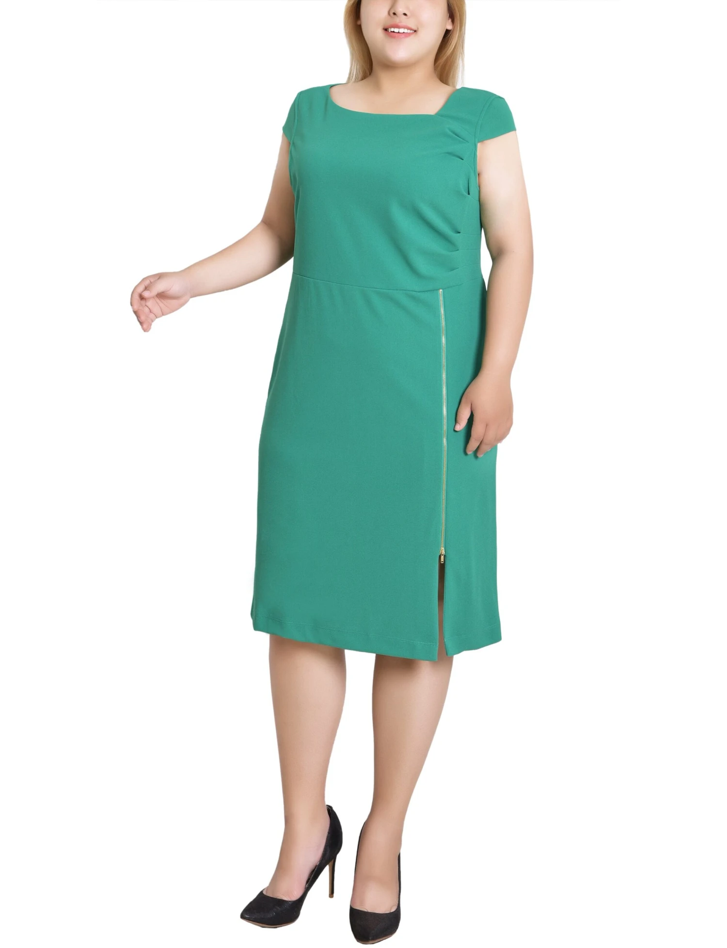 Plus Size Emerald Green Cap Sleeve Sheath Dress with Exposed Zipper 2 Plus Size Emerald Green Cap Sleeve Sheath Dress with Exposed Zipper - Image 2