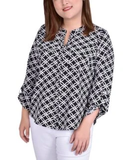 Women's Plus Size Iconic Roll Tab Sleeve Mandarin Collar Utility Blouse