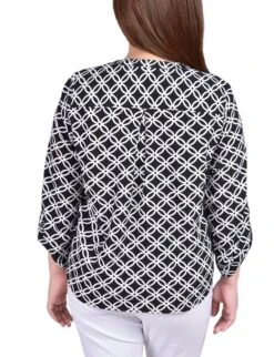 Women's Plus Size Iconic Roll Tab Sleeve Mandarin Collar Utility Blouse -Dressbarn Store WSTB1404BLACKWHITEICONICBACK