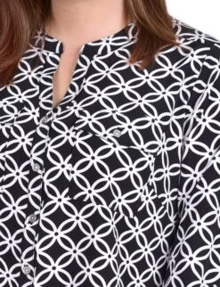 Women's Plus Size Iconic Roll Tab Sleeve Mandarin Collar Utility Blouse -Dressbarn Store WSTB1404BLACKWHITEICONICDETAIL