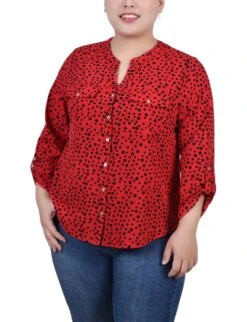 Red Plus Size Utility Blouse - 3/4 Roll-Tab Sleeve Mandarin Collar Top