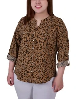Plus Size Mandarin Collar Utility Blouse with Roll Tab Sleeves - Brown