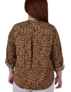 Plus Size Mandarin Collar Utility Blouse with Roll Tab Sleeves - Brown -Dressbarn Store WSTB1404TAUPEANIMALBACK