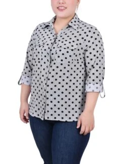 Plus Size Black and White Abstract Dot 3/4 Roll Tab Blouse