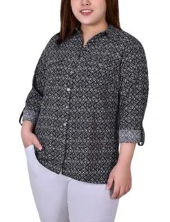 Plus Size White 3/4 Roll Tab Sleeve Blouse with Pockets
