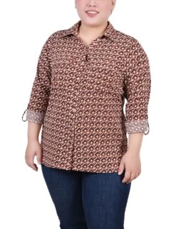 Vibrant Yellow Plus Size 3/4 Roll Tab Blouse with Utility Pockets