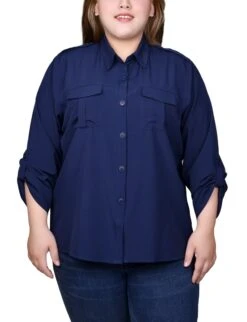 Plus Size Blue 3/4 Sleeve Roll Tab Blouse with Shoulder Epaulettes