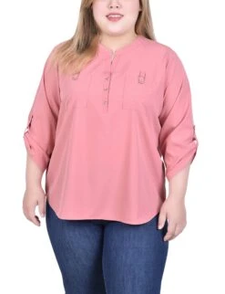 Plus Size Pink Y-Neck Blouse with 3/4 Roll-Tab Sleeves
