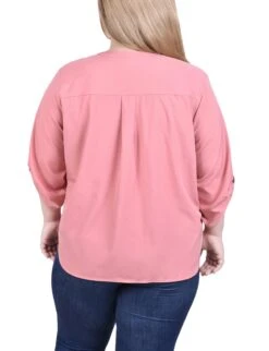 Plus Size Pink Y-Neck Blouse with 3/4 Roll-Tab Sleeves 7 Plus Size Pink Y-Neck Blouse with 3/4 Roll-Tab Sleeves -Dressbarn Store WSTB3187DUSTYROSEBACK