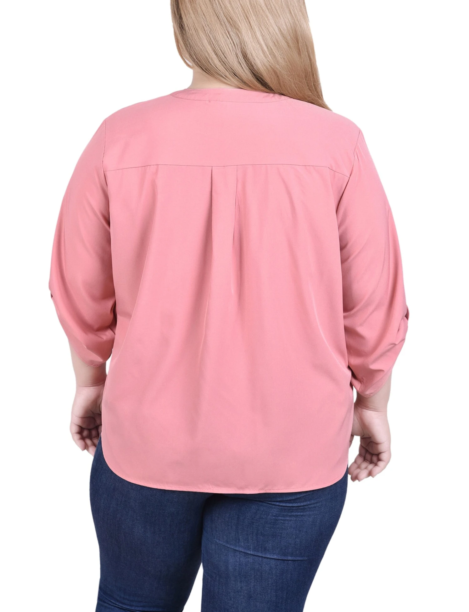 Plus Size Pink Y-Neck Blouse with 3/4 Roll-Tab Sleeves 4 Plus Size Pink Y-Neck Blouse with 3/4 Roll-Tab Sleeves - Image 4
