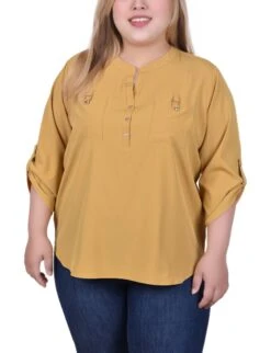 Plus Size Yellow Y Neck Blouse with 3/4 Roll Tab Sleeves