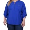 Plus Size Blue Y Neck Blouse - Versatile Roll-Tab 3/4 Sleeve Top