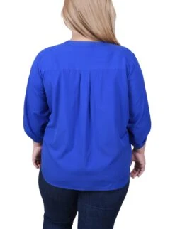 Plus Size Blue Y Neck Blouse - Versatile Roll-Tab 3/4 Sleeve Top -Dressbarn Store WSTB3187SURFTHEWEBBACK