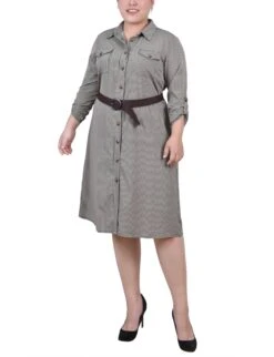 Plus Size Black 3/4 Roll Tab Sleeve Shirtdress - Versatile Button Front Style