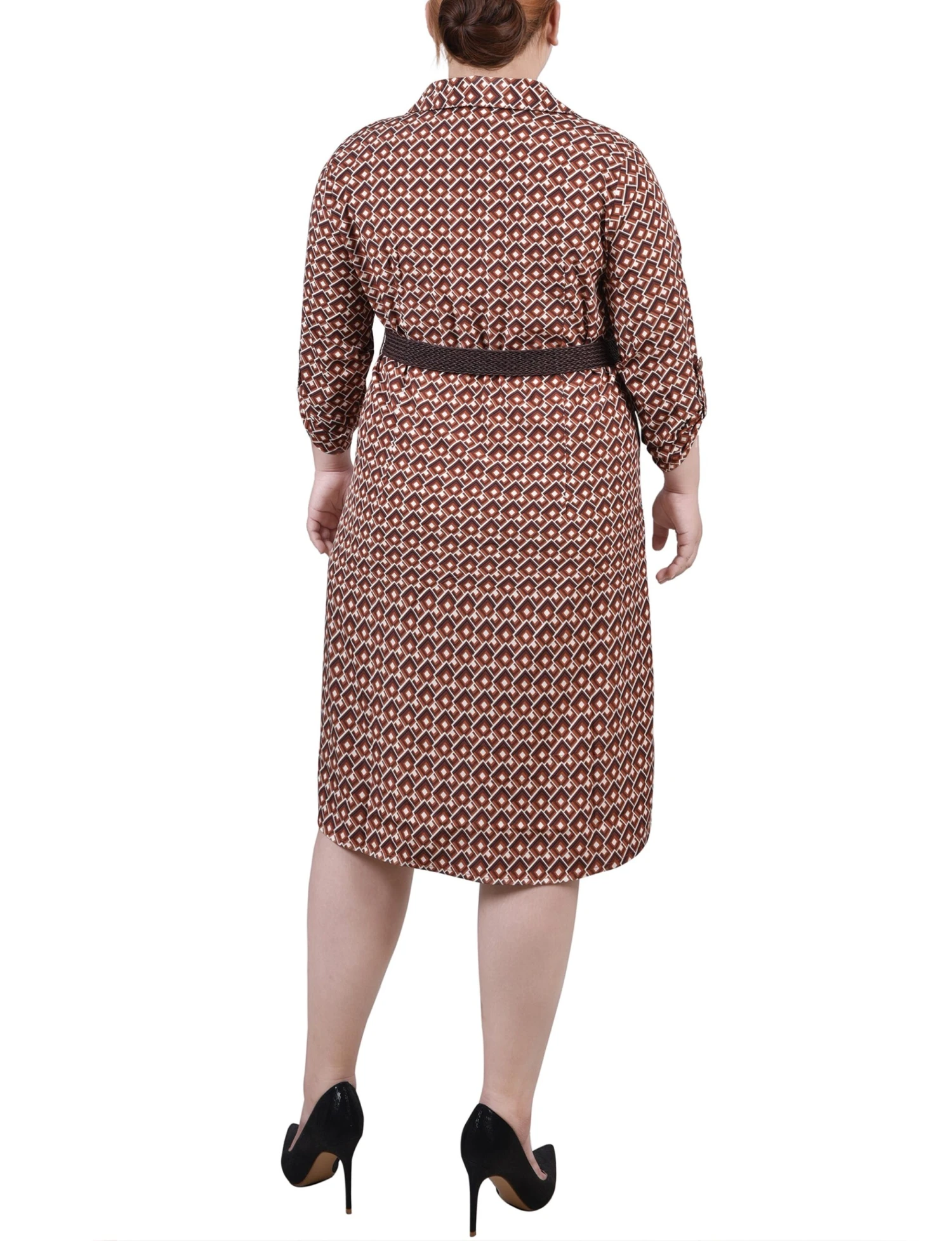 Plus Size Yellow 3/4 Roll Tab Sleeve Shirtdress with Adjustable Belt 3 Plus Size Yellow 3/4 Roll Tab Sleeve Shirtdress with Adjustable Belt - Image 3