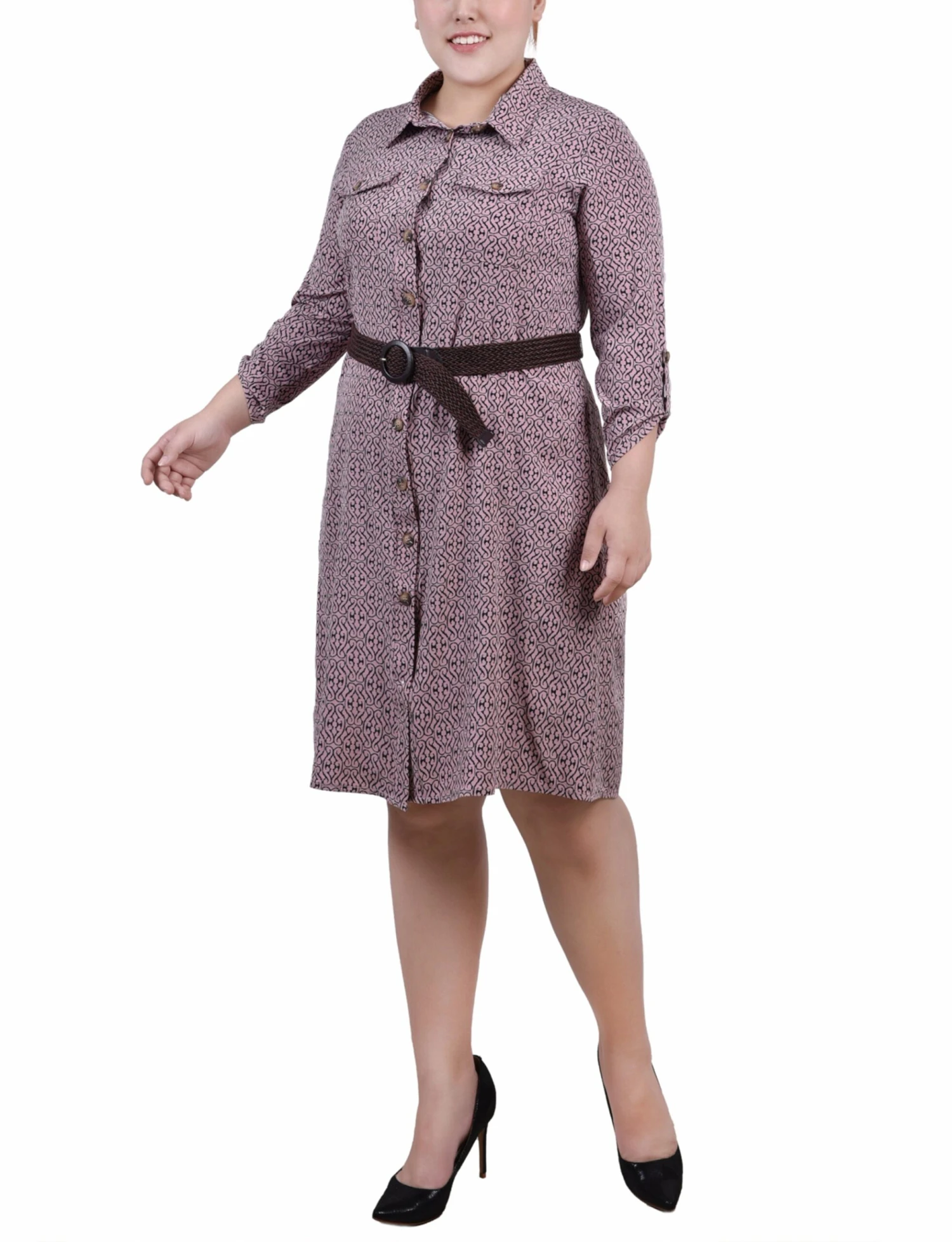 Plus Size Purple Roll Tab Sleeve Shirtdress with Adjustable Belt 1 Plus Size Purple Roll Tab Sleeve Shirtdress with Adjustable Belt