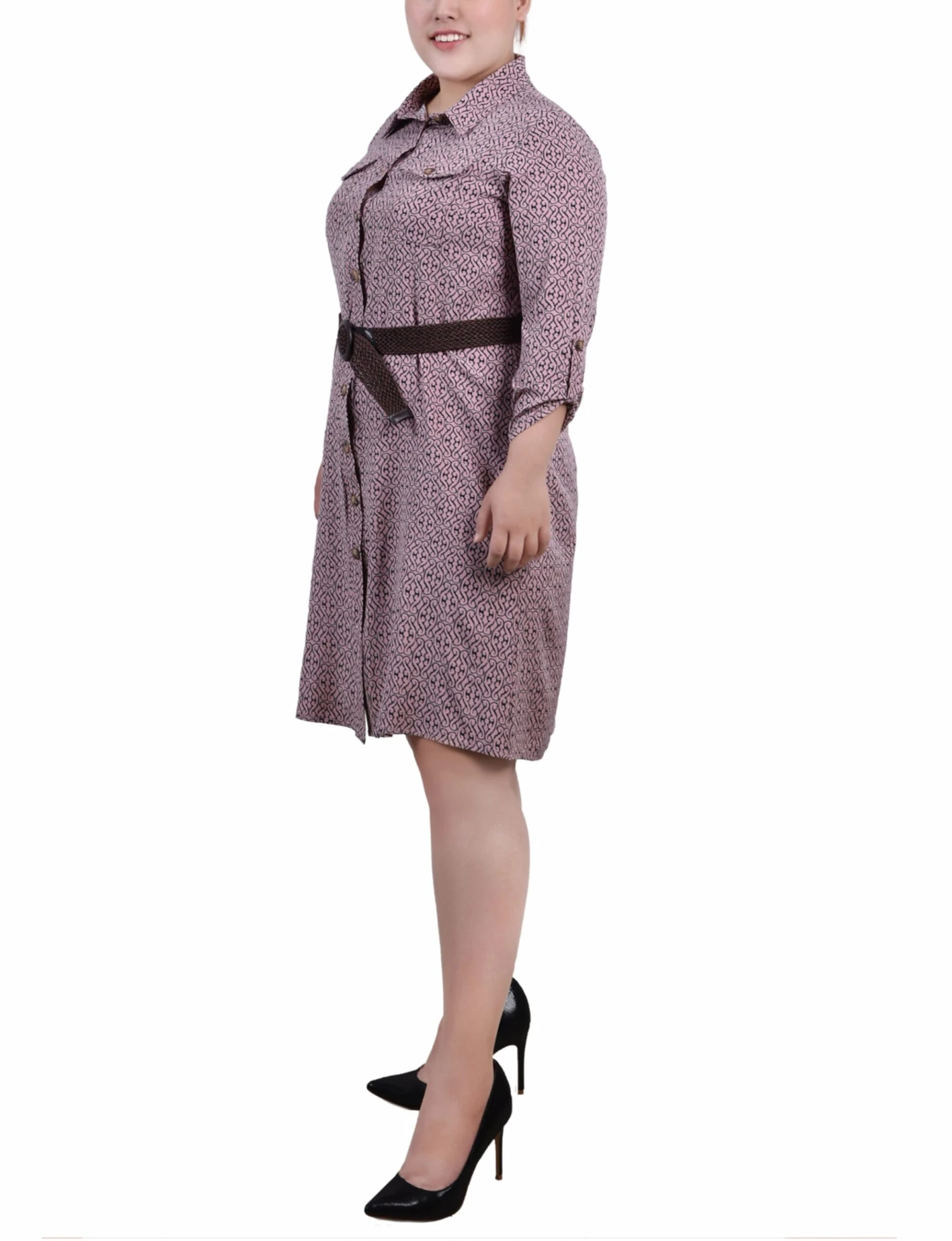 Plus Size Purple Roll Tab Sleeve Shirtdress with Adjustable Belt 2 Plus Size Purple Roll Tab Sleeve Shirtdress with Adjustable Belt - Image 2