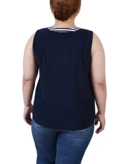 Plus Size Blue Sleeveless Y-Neck Blouse with Ring Detail Pockets -Dressbarn Store WSTU6601NAVYWHITEBACK