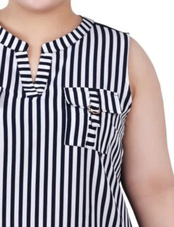 Plus Size Blue Sleeveless Y-Neck Blouse with Ring Detail Pockets -Dressbarn Store WSTU6601NAVYWHITEDETAIL