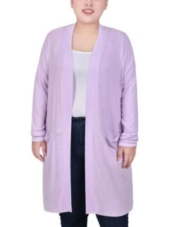 Plus Size Lavender Long Sleeve Knee Length Cardigan with Pockets