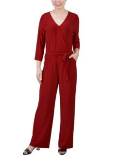 Petite Wine 3/4 Sleeve Belted Wide Leg Jumpsuit