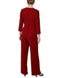 Petite Wine 3/4 Sleeve Belted Wide Leg Jumpsuit -Dressbarn Store YQIU0013WINEBACK