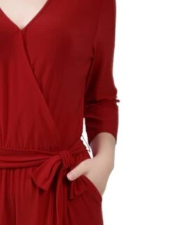 Petite Wine 3/4 Sleeve Belted Wide Leg Jumpsuit -Dressbarn Store YQIU0013WINEDETAIL