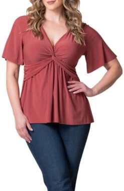 Plus Size Twist Front V-Neck Knit Top with Flutter Sleeves