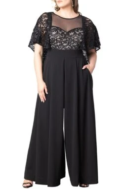 Plus Size Sequined Wide Leg Jumpsuit with Pockets and Cape Sleeves