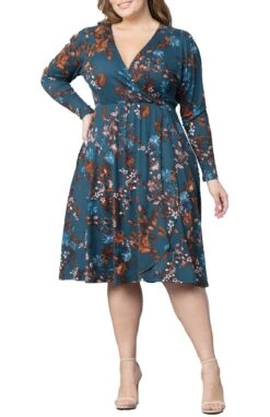 Plus Size Faux Wrap Midi Dress - Elegant Hourglass V-Neck Gown