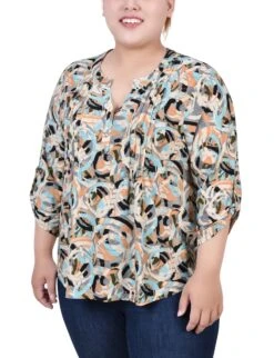 Plus Size Blue Abstract Pullover Top with 3/4 Roll-Tab Sleeves
