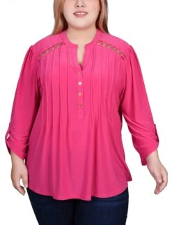 Plus Size Beetroot Purple Pintuck Blouse with Edgy Chain Shoulder Details