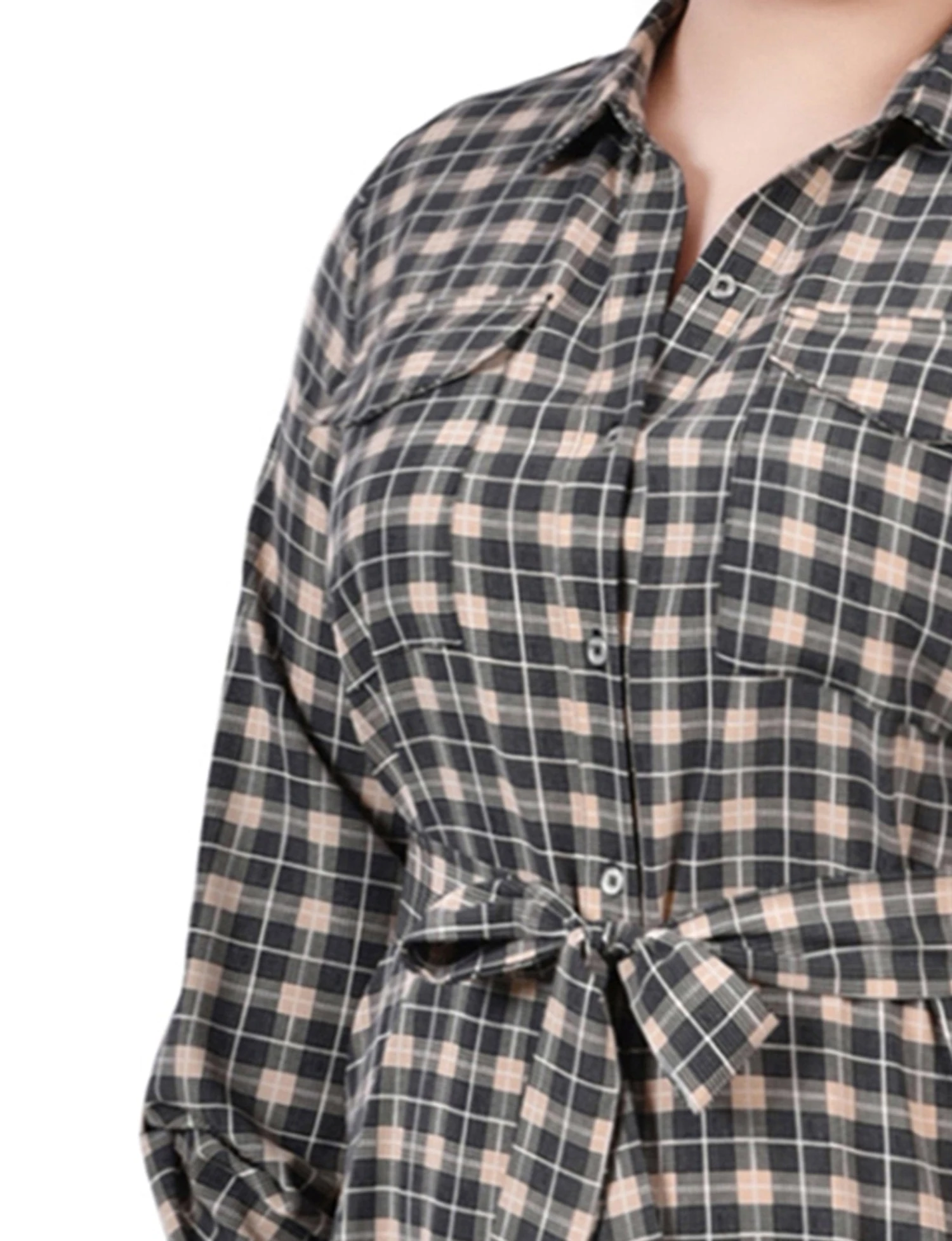 Plus Size Beige Plaid Belted Shirtdress with Roll Tab Sleeves 4 Plus Size Beige Plaid Belted Shirtdress with Roll Tab Sleeves - Image 4