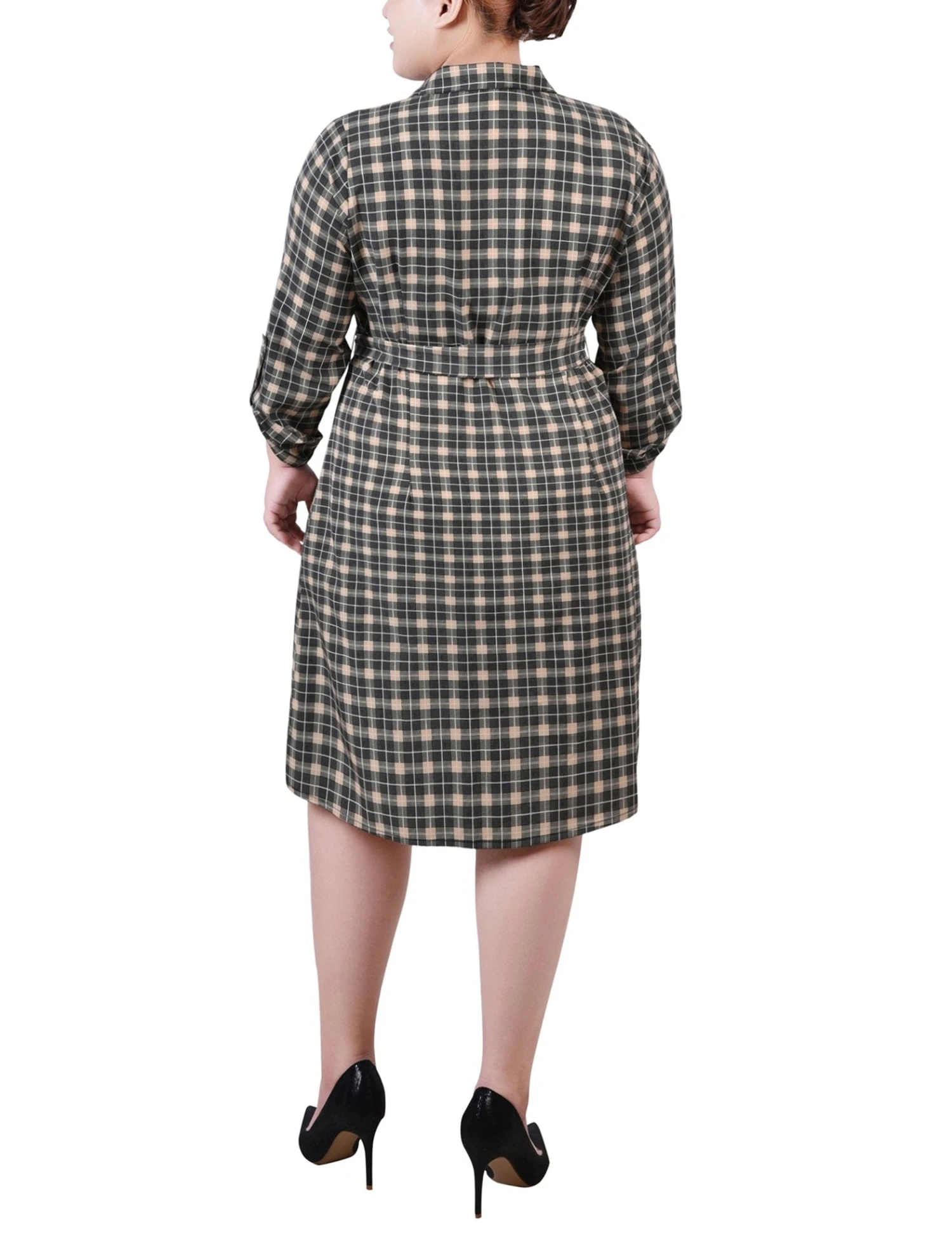 Plus Size Beige Plaid Belted Shirtdress with Roll Tab Sleeves 3 Plus Size Beige Plaid Belted Shirtdress with Roll Tab Sleeves - Image 3
