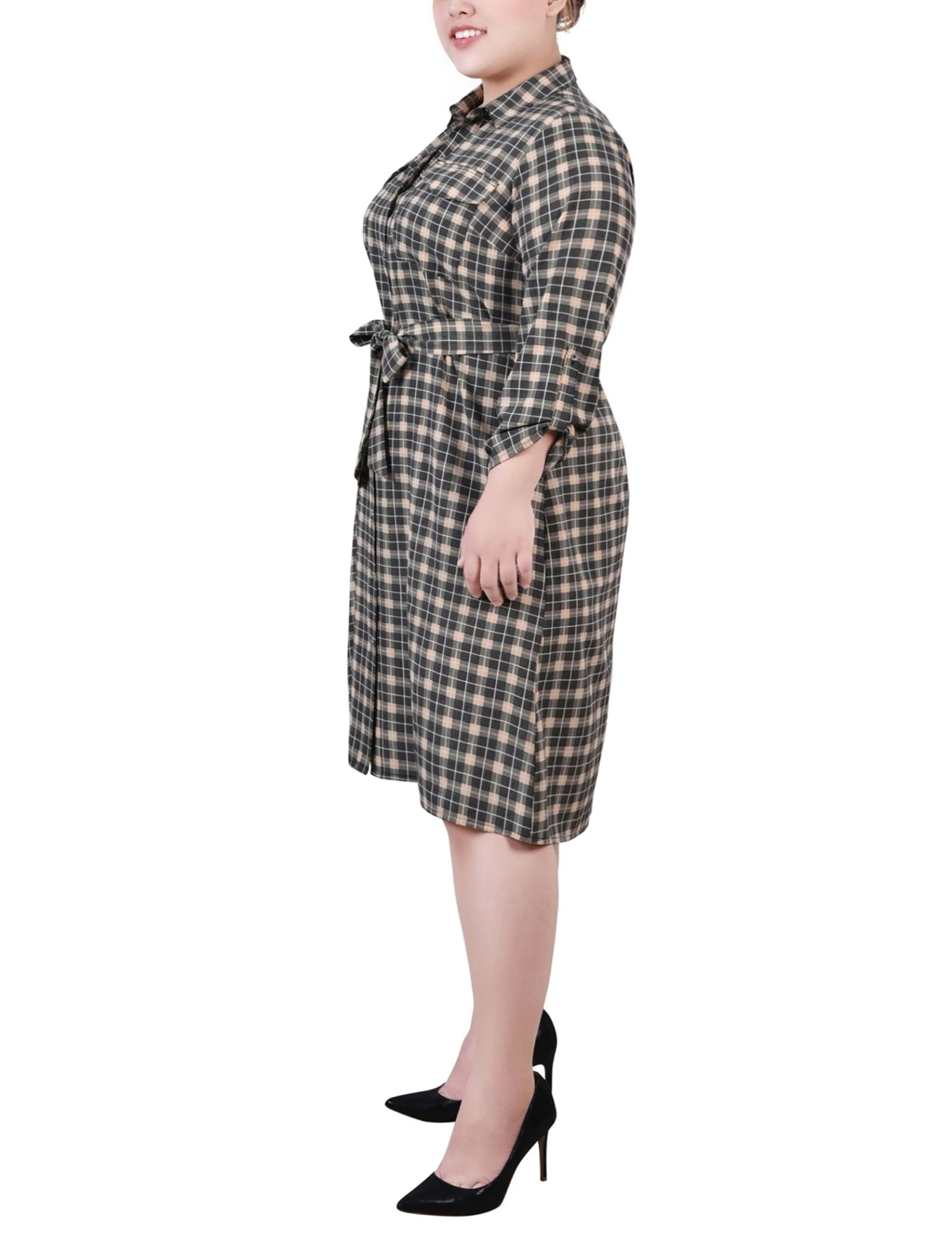 Plus Size Beige Plaid Belted Shirtdress with Roll Tab Sleeves 2 Plus Size Beige Plaid Belted Shirtdress with Roll Tab Sleeves - Image 2