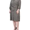 Plus Size Beige Plaid Belted Shirtdress with Roll Tab Sleeves