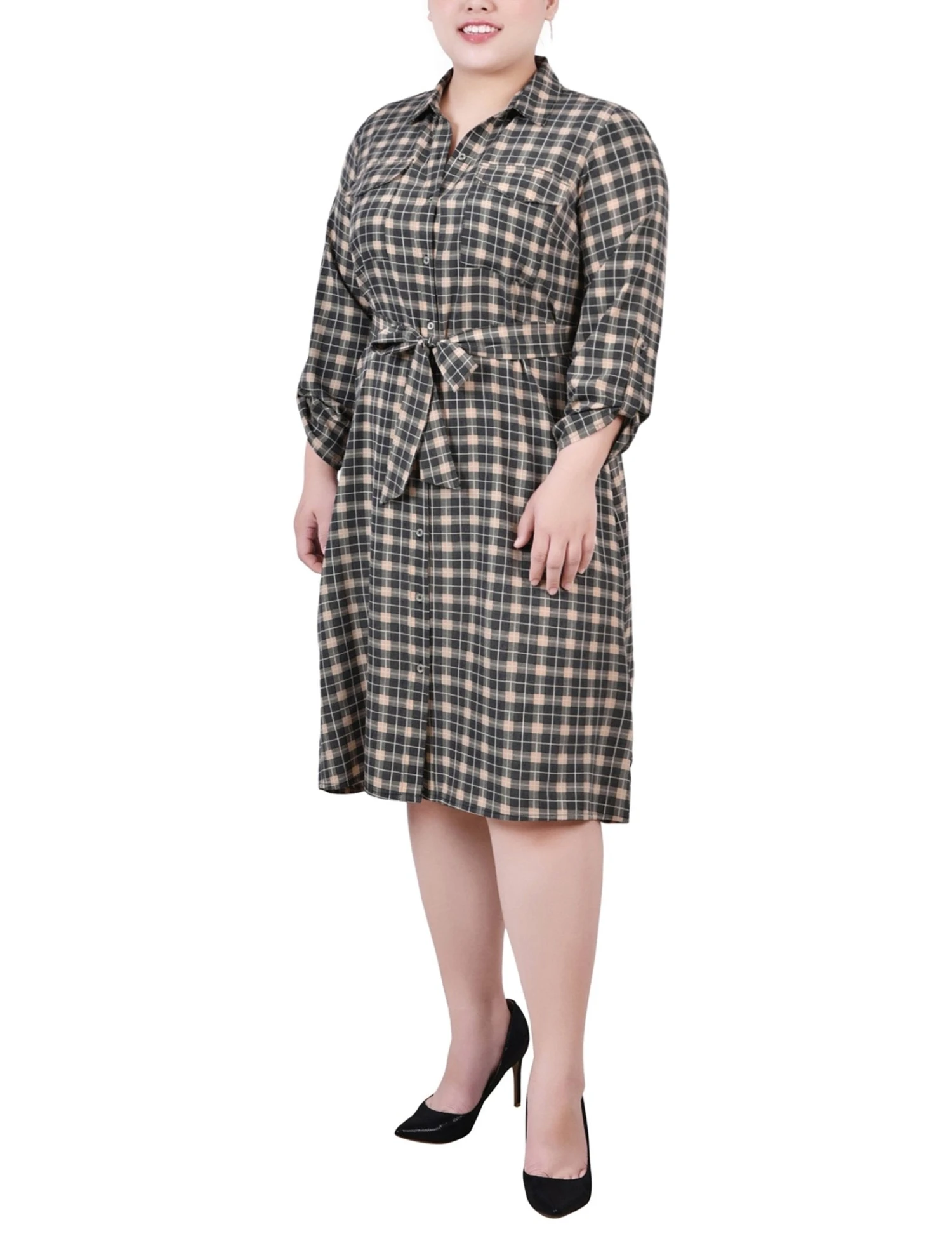 Plus Size Beige Plaid Belted Shirtdress with Roll Tab Sleeves 1 Plus Size Beige Plaid Belted Shirtdress with Roll Tab Sleeves