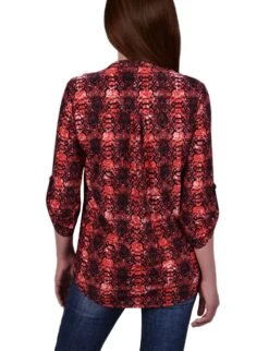 Women's Berry Plaid 3/4 Sleeve Roll Tab Y-Neck Top -Dressbarn Store berry plaid 34 sleeve roll tab y neck top 641413