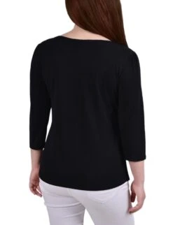 Petite Black Crepe Top with Mesh Inset and Stud Accents -Dressbarn Store black 34 crepe top with mesh inset and studs petite 131903