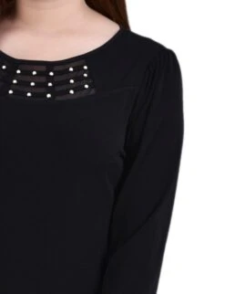 Petite Black Crepe Top with Mesh Inset and Stud Accents -Dressbarn Store black 34 crepe top with mesh inset and studs petite 565160