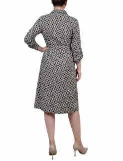 Petite Black Doeskin Geo Print Belted Shirtdress with Roll Tab Sleeves -Dressbarn Store black doeskin geo 34 roll tab sleeve belted shirtdress petite 599551