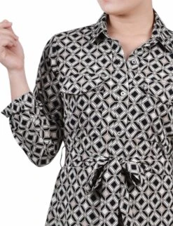 Petite Black Doeskin Geo Print Belted Shirtdress with Roll Tab Sleeves -Dressbarn Store black doeskin geo 34 roll tab sleeve belted shirtdress petite 825918
