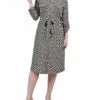 Petite Black Doeskin Geo Print Belted Shirtdress with Roll Tab Sleeves