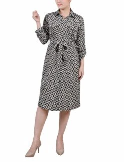 Petite Black Doeskin Geo Print Belted Shirtdress with Roll Tab Sleeves