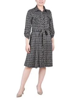 Black Gold Harlie 3/4 Sleeve Roll Tab Petite A-Line Shirtdress