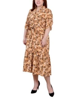 Plus Size Long Sleeve Tiered Dress with Belt - Black & Gold