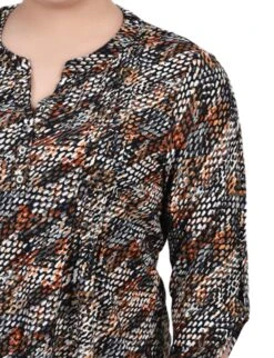 Plus Size Geometric Print Y-Neck Pullover Top with Roll Tab Sleeves -Dressbarn Store black grey rust geo 34 roll tap pullover top plus 252060