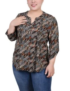 Plus Size Geometric Print Y-Neck Pullover Top with Roll Tab Sleeves