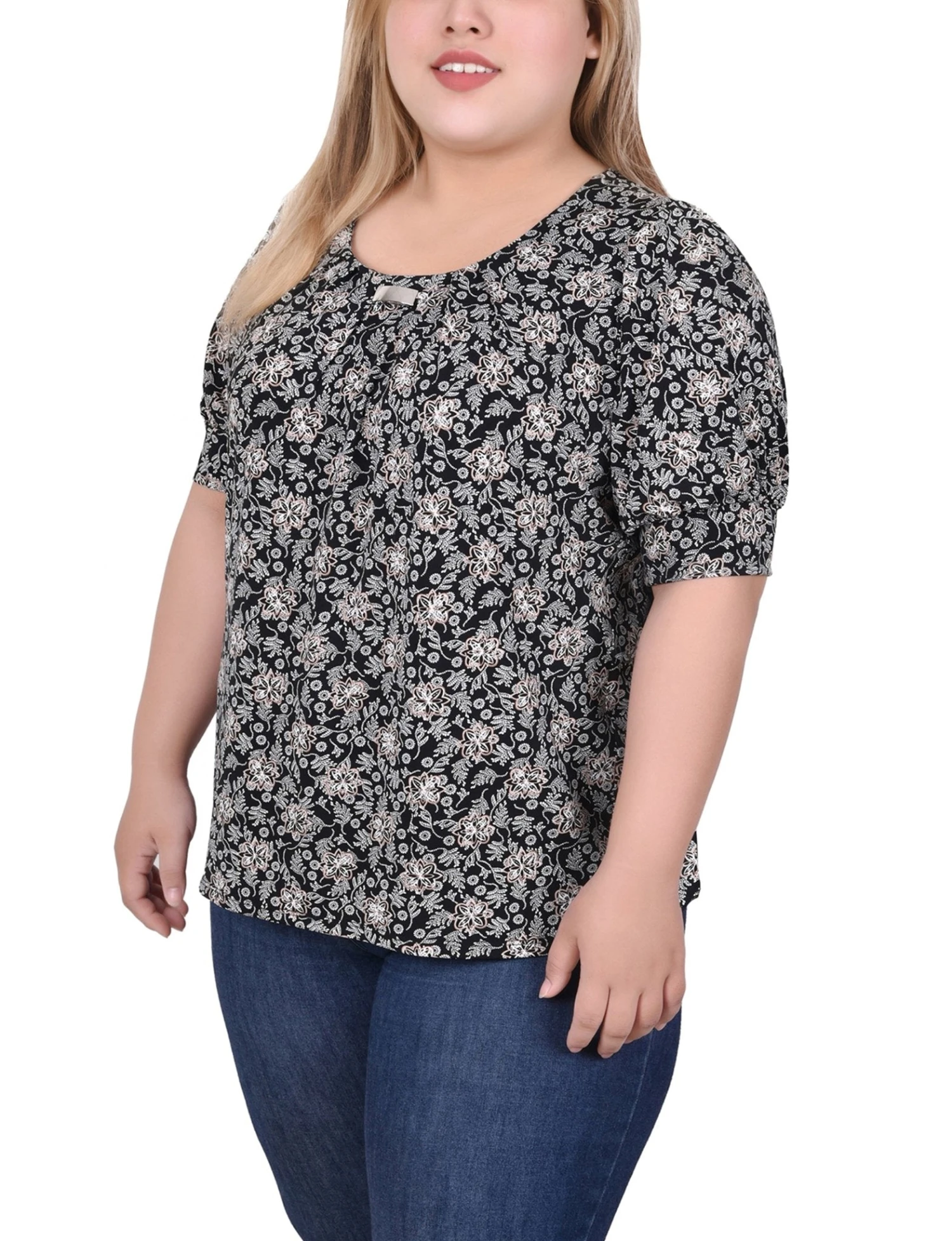 Plus Size Floral Balloon Sleeve Top with Hardware Detail - Black Ivory Taupe 2 Plus Size Floral Balloon Sleeve Top with Hardware Detail - Black Ivory Taupe - Image 2