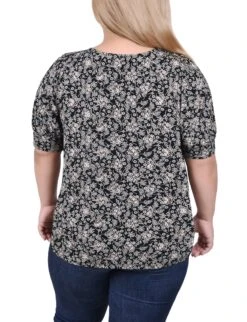 Plus Size Floral Balloon Sleeve Top with Hardware Detail - Black Ivory Taupe 7 Plus Size Floral Balloon Sleeve Top with Hardware Detail - Black Ivory Taupe -Dressbarn Store black ivory taupe floral short sleeve balloon sleeve top with hardware plus 261085